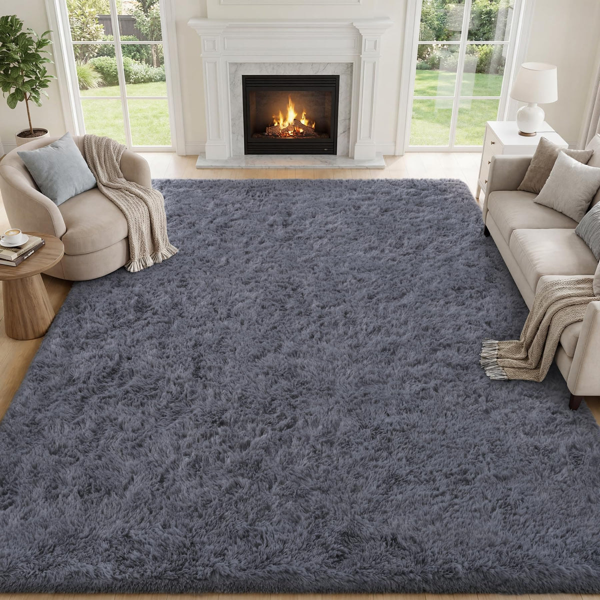 PLHXFR 9x12 Area Rugs Living Room: Fluffy Bedroom Soft Shag Rug Black Grey