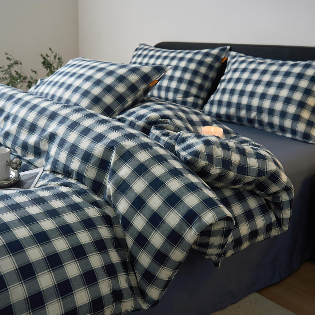 EAVD Vintage Buffalo Plaid Duvet Cover Queen Red&Black&Green Muslin Cotton
