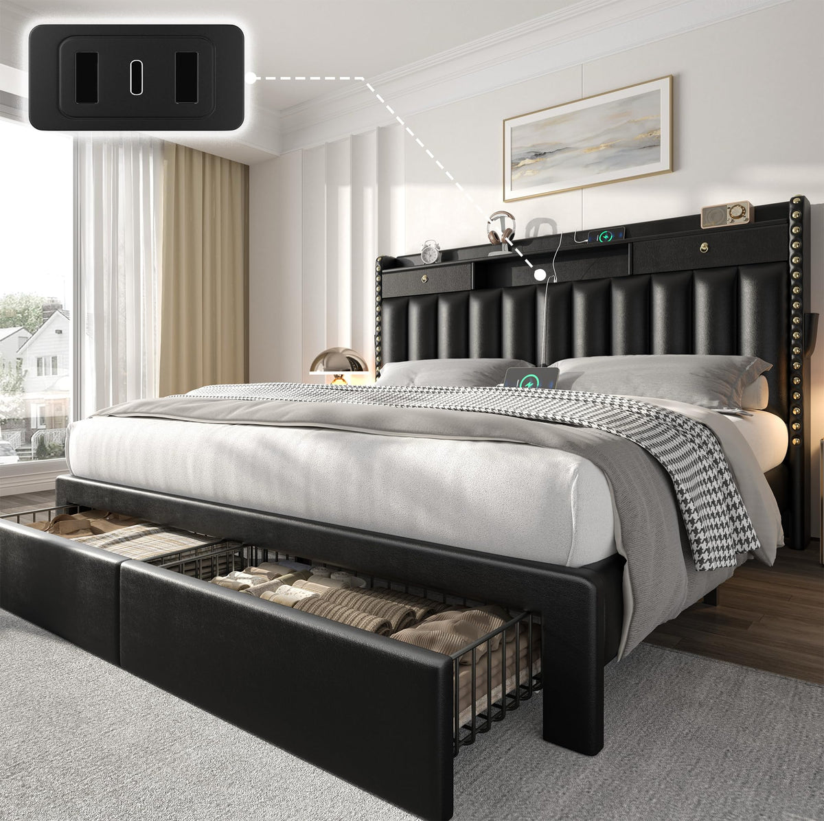 CypBed King Size Bed Frame with Headboard & 4-Storage Drawers, Upholstered