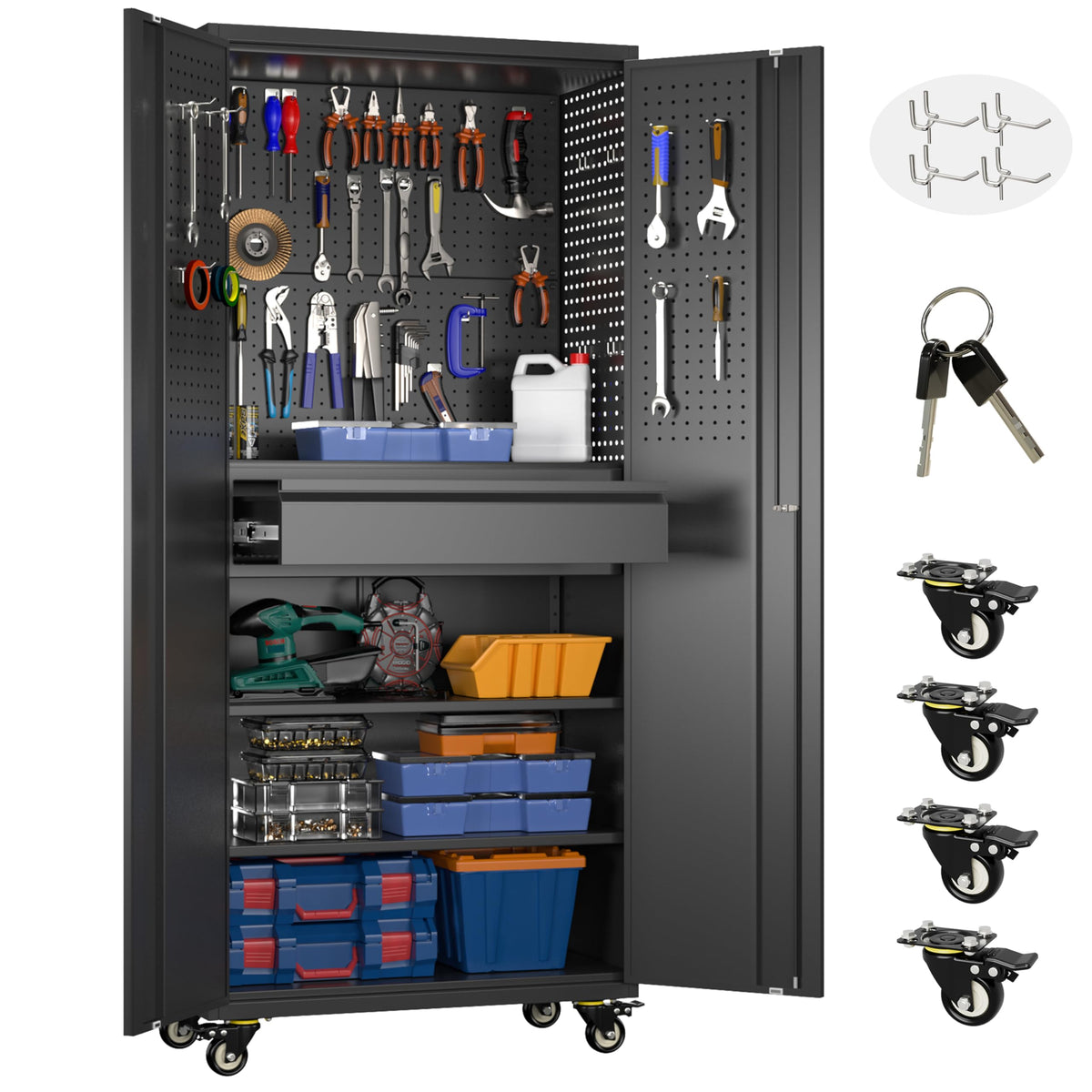 Aobabo 71" Metal Storage Cabinet with Wheels, 5 Shelves & Pegboards, Black
