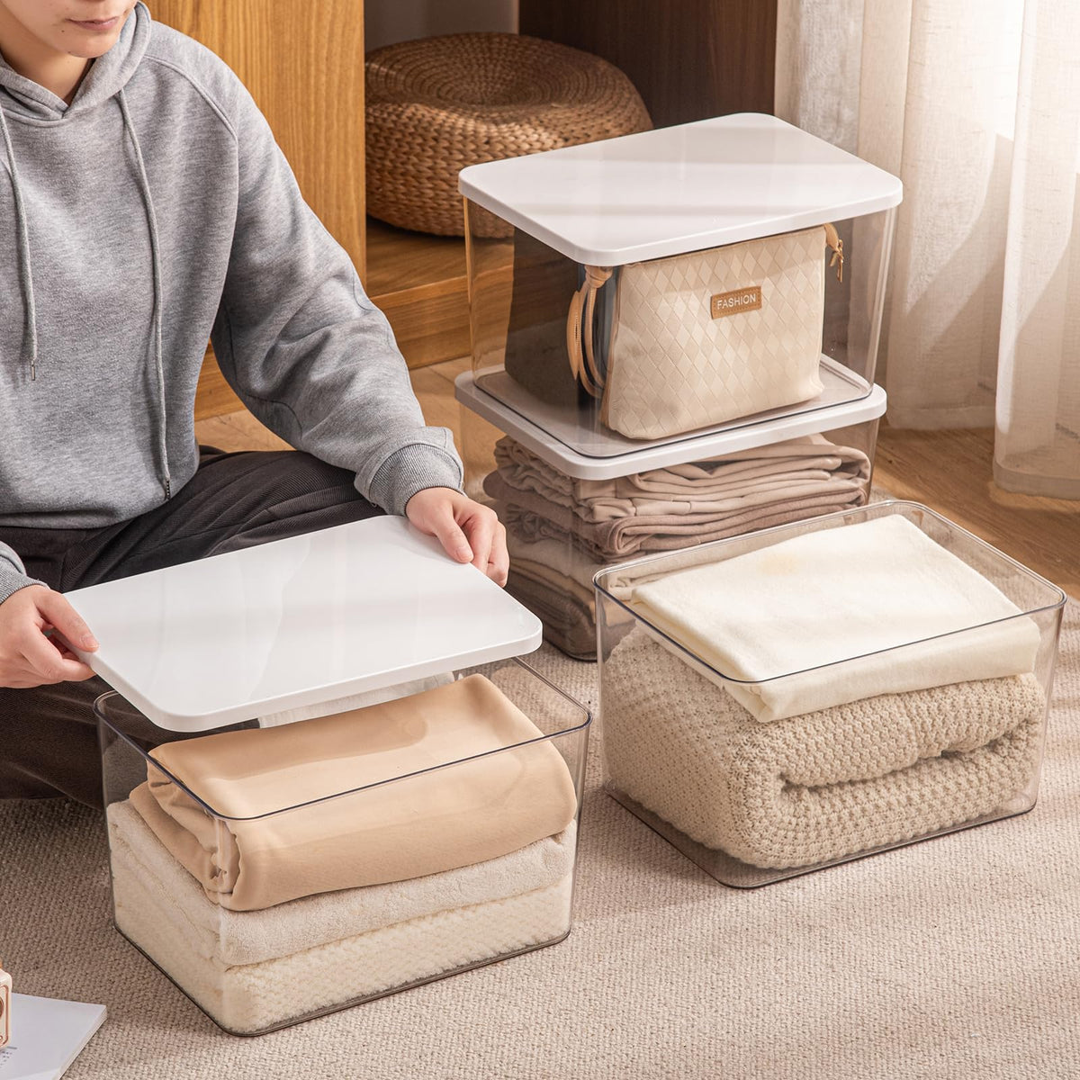 4-Piece Set,Plastic Clear Storage Bin with Lid,Large Storage Containers,Lidded Storage Boxes for Books, Clothes, Toys, Cabinets (clear 4XL)