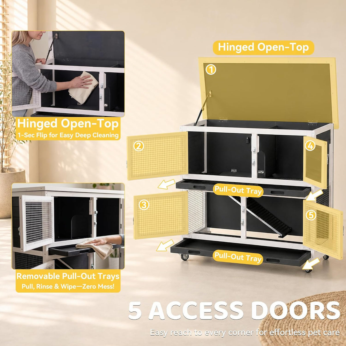 2-Story Indoor Rabbit Hutch with Flat-Top Metal Roof, Wheels & Dual Trays