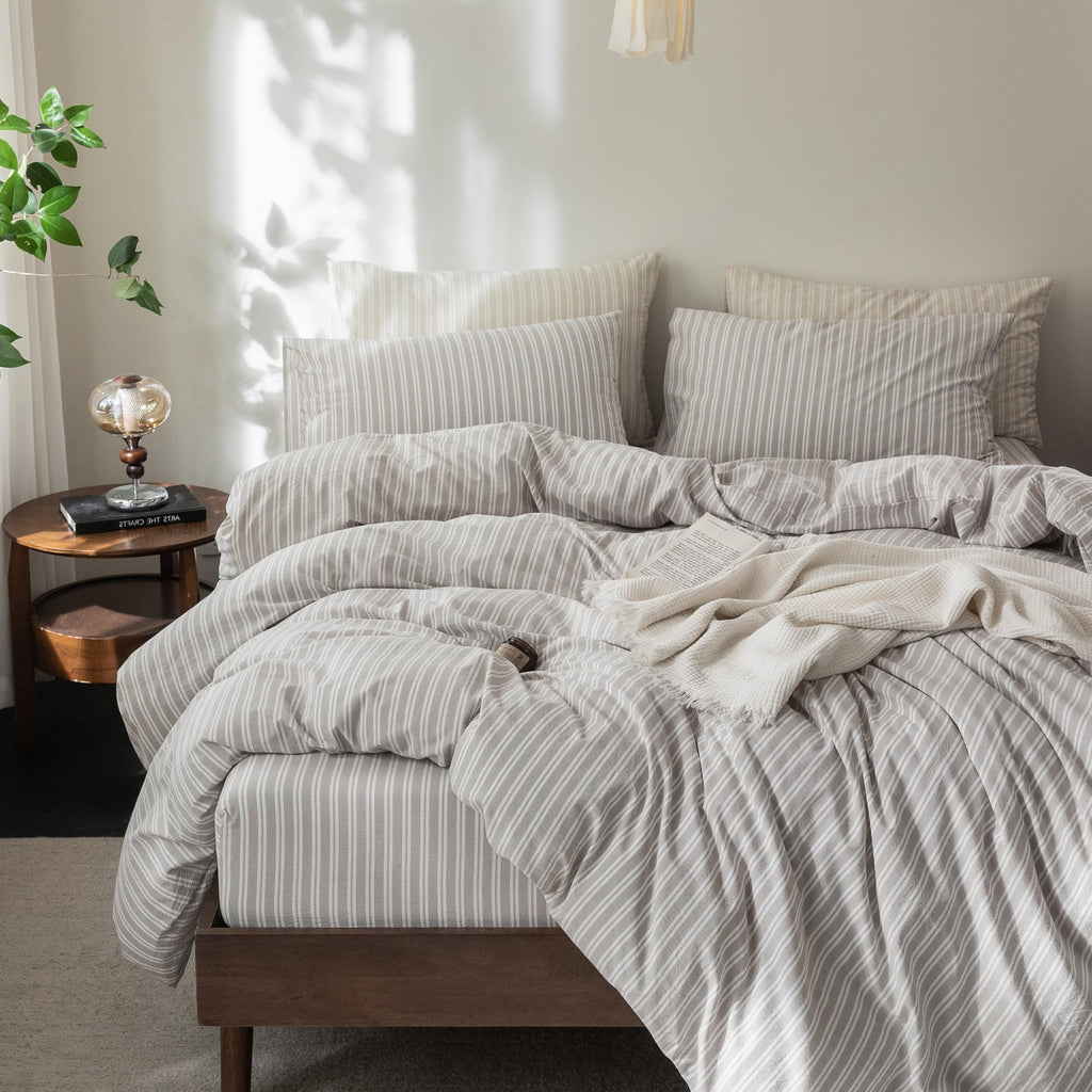 FOSSA Duvet Cover Set 100% Washed Cotton Linen Feel Queen
