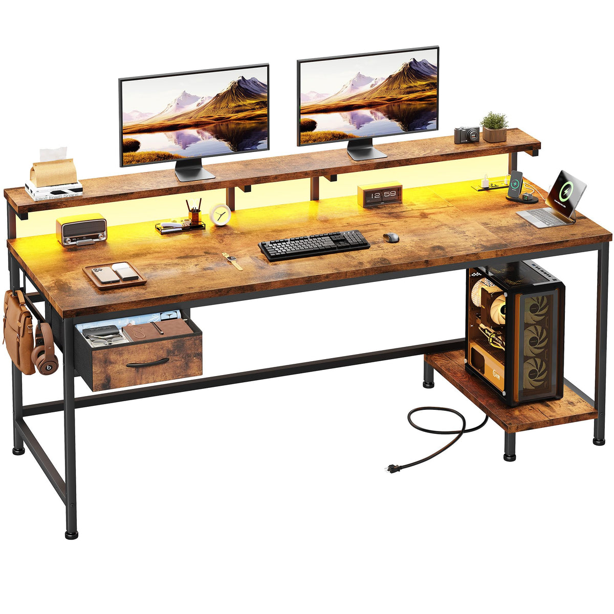 DurayLoly 47.2" Gaming Desk with Power Outlet and LED Lights,Bedroom,Black