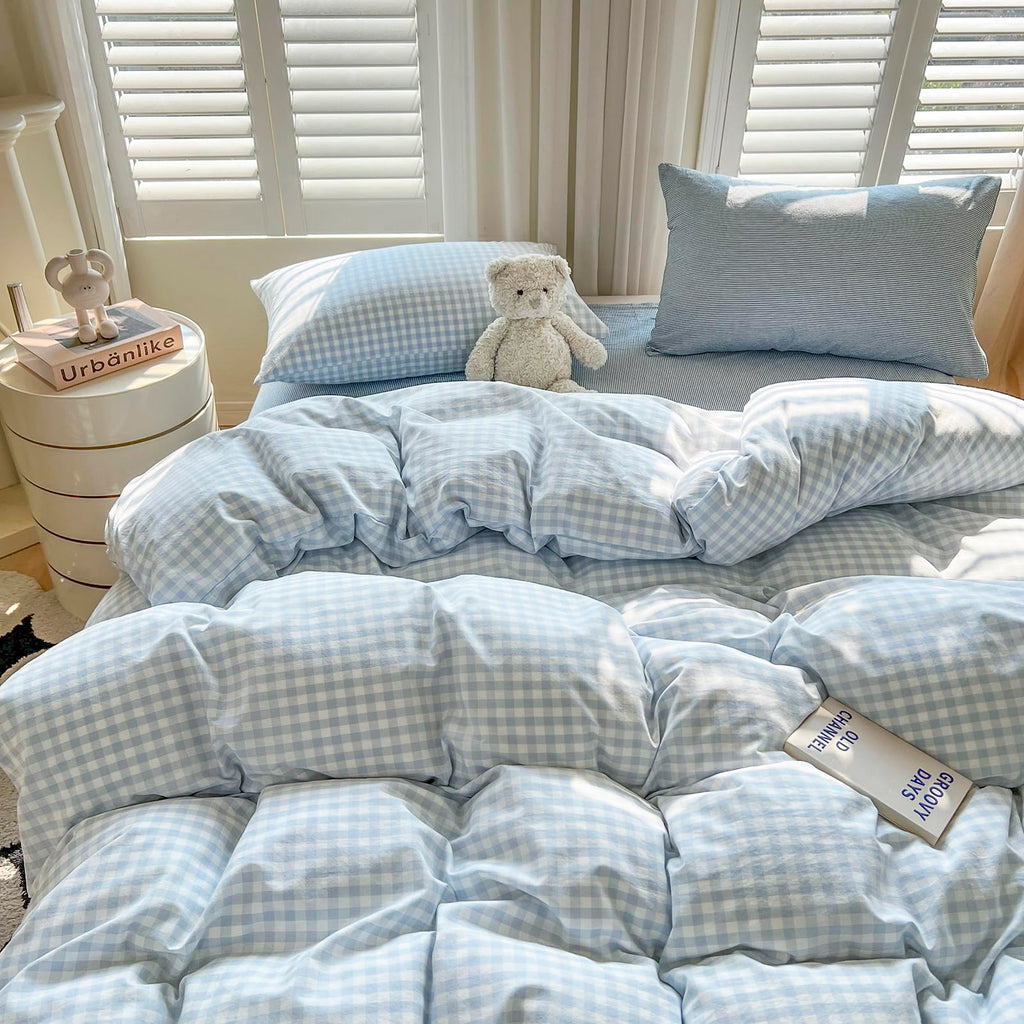 Plaid Duvet Cover Set Washed Cotton,Queen(90"x90"),Multicolor Gingham