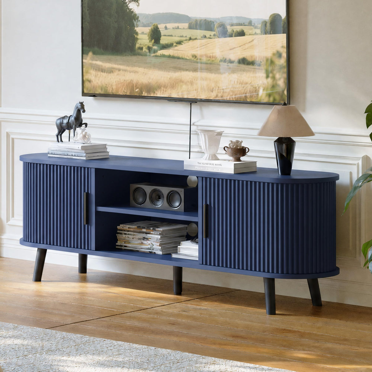 ChooChoo 54" Mid Century Modern TV Stand with Fluted Sliding Doors