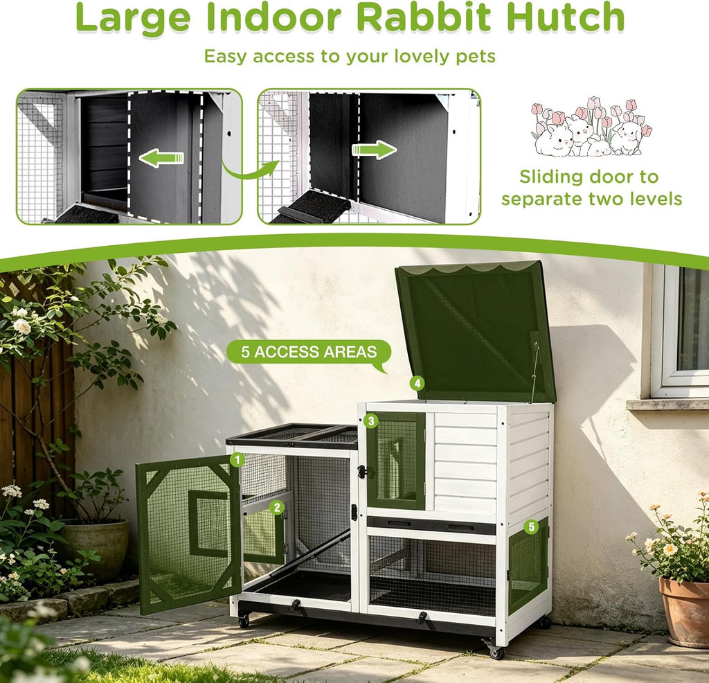 Gutinneen 2-Story Rabbit Hutch Bunny cage with Chew-Proof Ramp, Locking Leak-Proof Trays - Indoor/Outdoor 39.3" Wooden Rabbit Cage with Wheels for Rabbits, Guinea Pigs, Small Animal (Black and White)