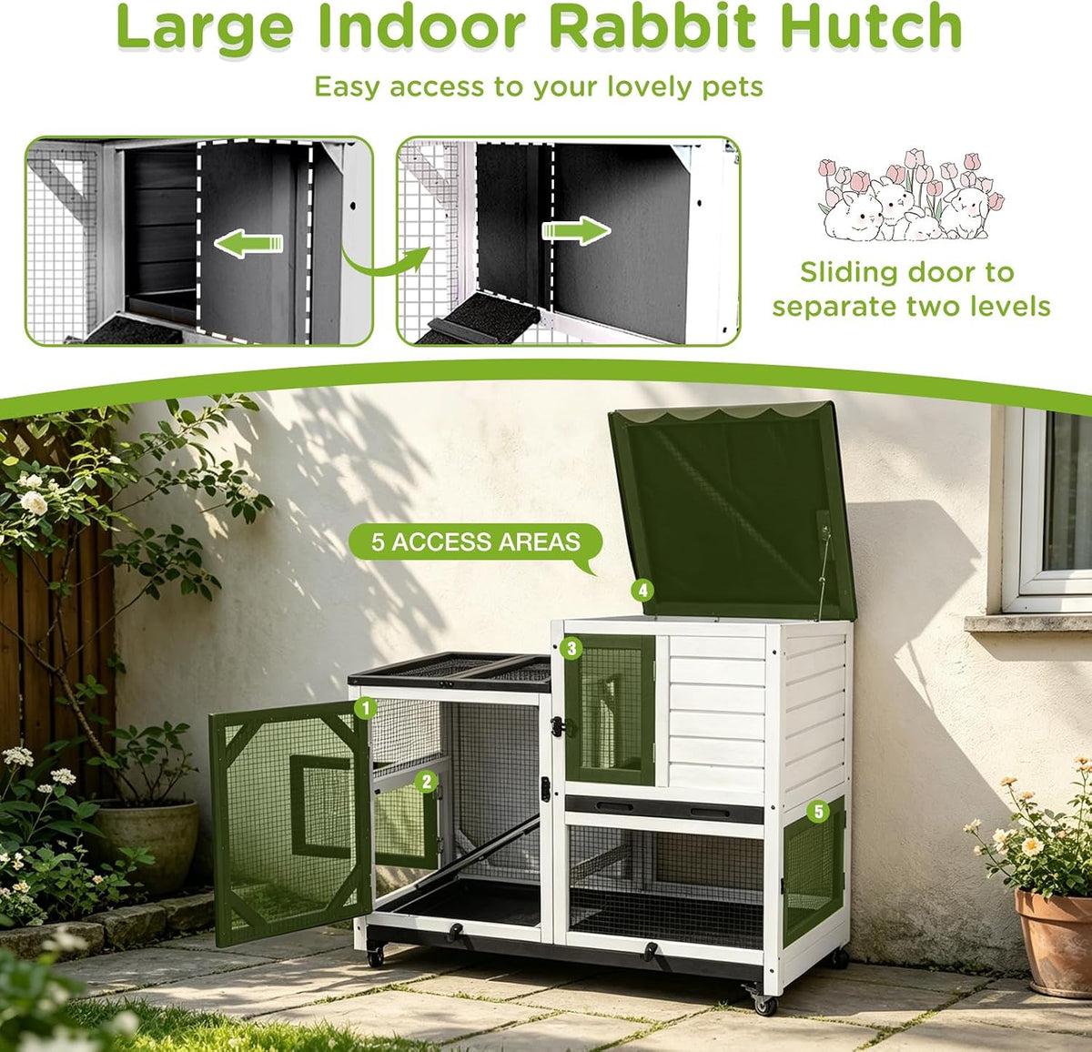 Gutinneen 2-Story Rabbit Hutch Bunny cage with Chew-Proof Ramp, Locking Leak-Proof Trays - Indoor/Outdoor 39.3" Wooden Rabbit Cage with Wheels for Rabbits, Guinea Pigs, Small Animal (Black and White)