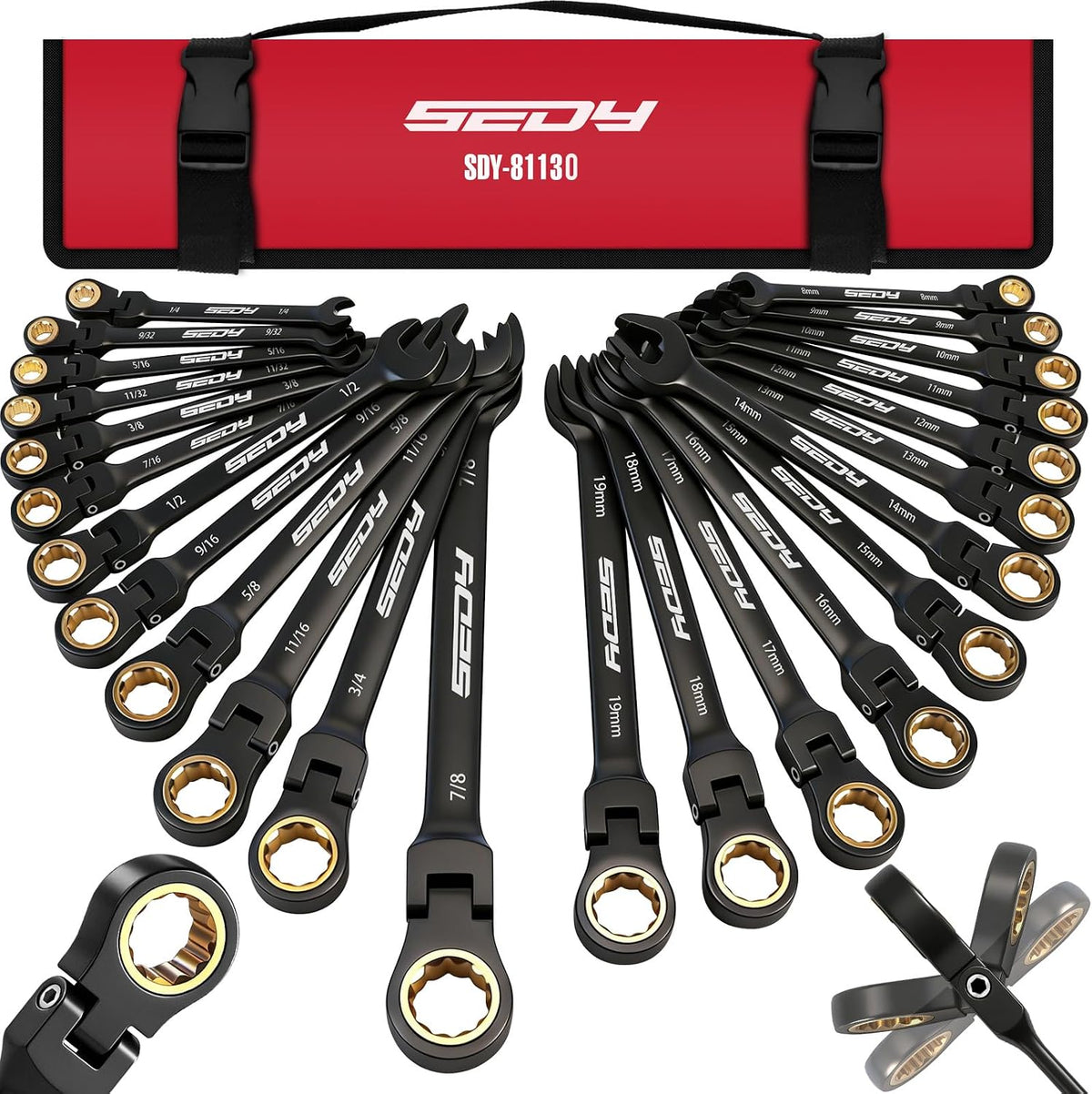 Premium 24-Piece Flex-Head Ratcheting Wrench Set, Metric(8–19mm)& SAE(1/4-7/8") Combination Wrenches, 72-Tooth CR-V Steel with Durable Black Finish, Ratchet Spanners with Roll-Up Tool Pouch for Repair