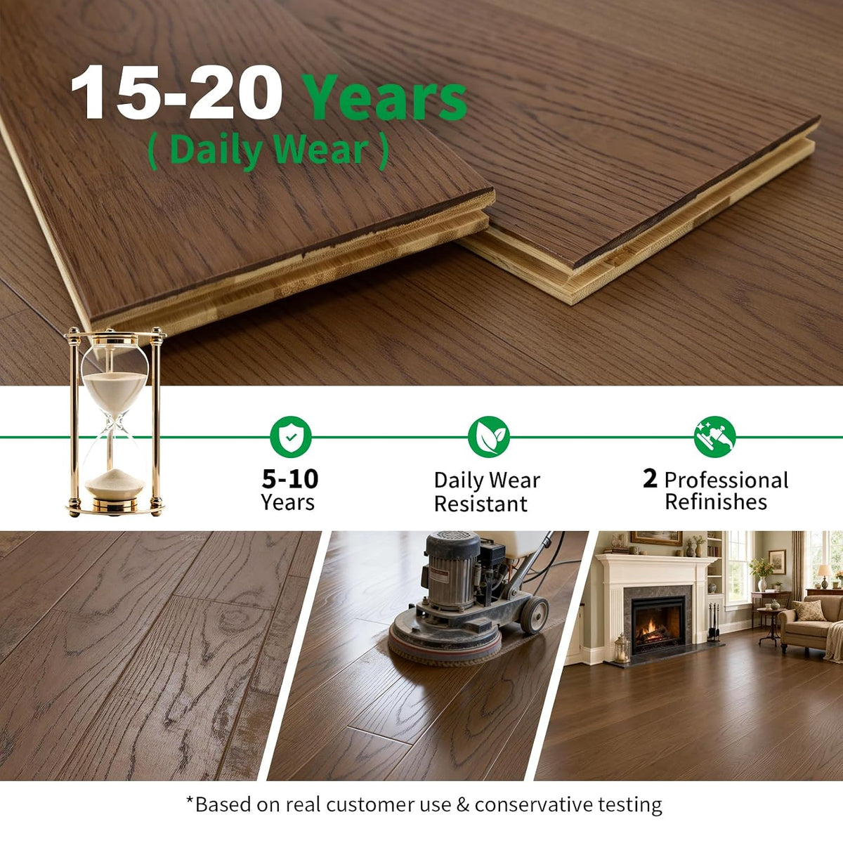 Solid Bamboo Flooring, 40.15" L x 5.11" W x 0.6" T, Warm Brown Oak Grain, Tongue & Groove Waterproof Planks, 14 Planks (Covers 20 Sq Ft)