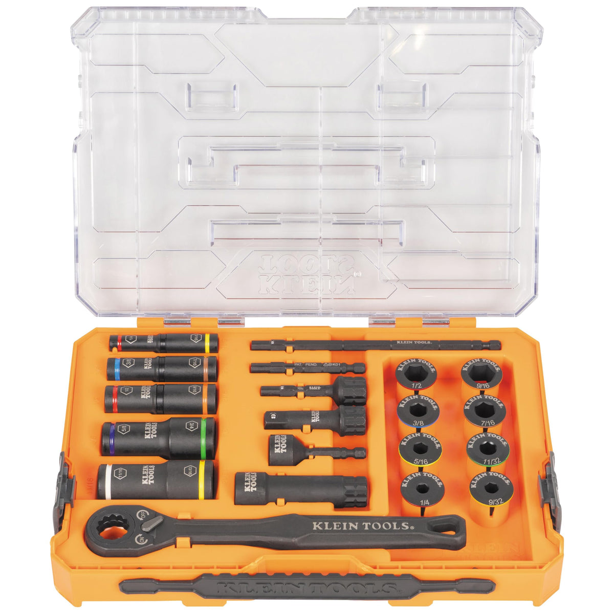 Klein Tools 65400KNECT KNECT Essential Pass Through Impact Socket Set, SAE and Metric, 90-Tooth Ratchet, MODbox Case, 3/8-Inch Drive, 28-Piece