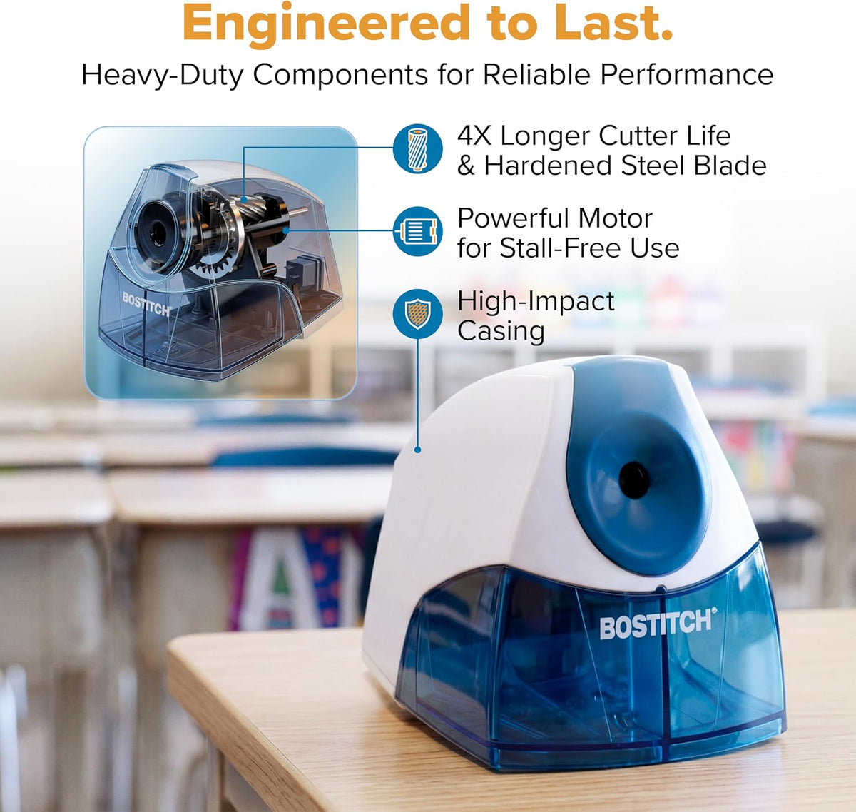 Bostitch Office Electric Pencil Sharpener for Classroom & Desk Use, Heavy-Duty Stall-Free Motor, High-Capacity Shavings Tray, Blue (Pack of 6)