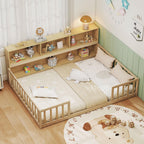 GIANTEX Twin Floor Bed with Fence for Kids, Wooden Montessori Bed Frame with Lockable Door & Guardrails, Low Floor Beds for Kids, Boys, Girls, No Box Spring Needed, Without Wood Slats, White