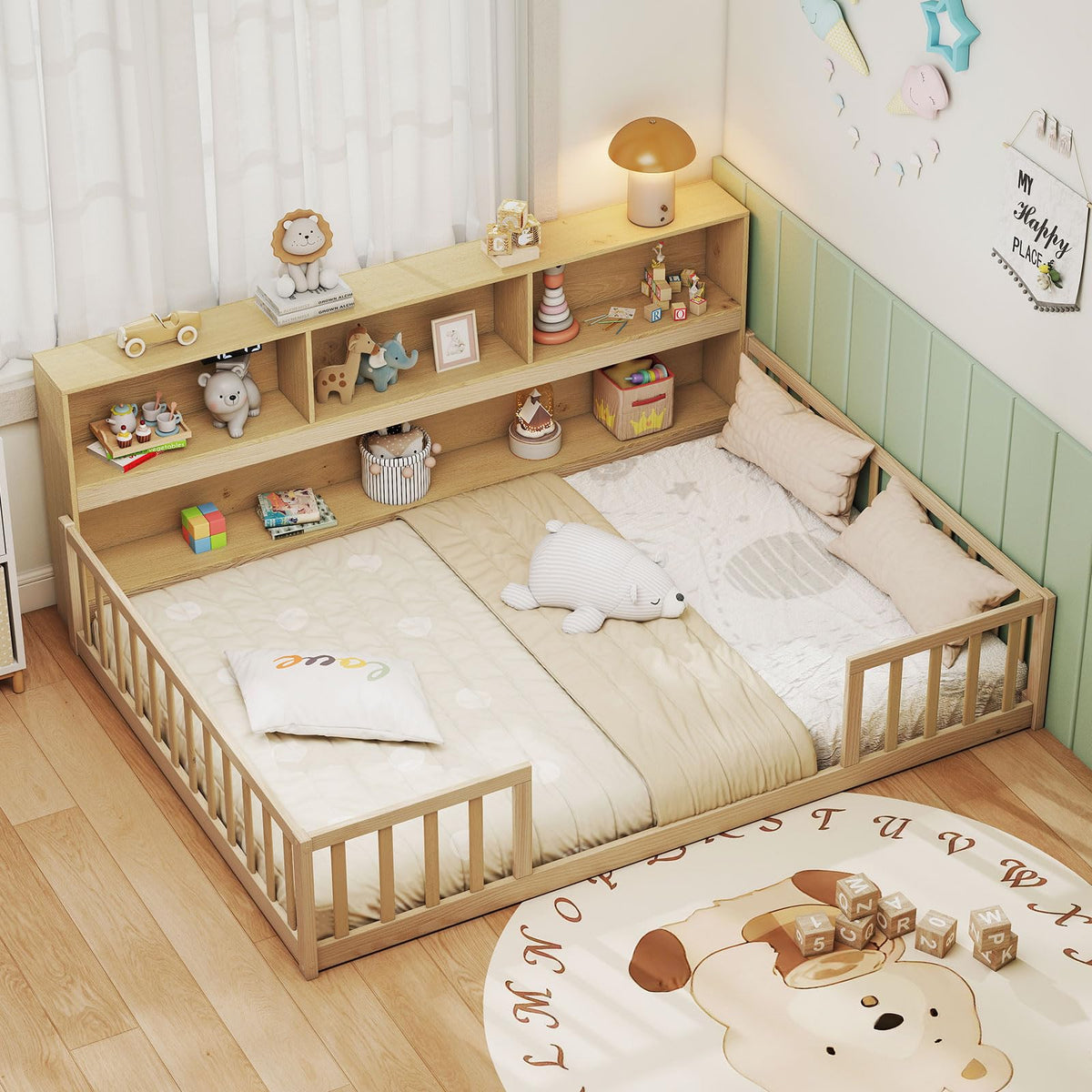 GIANTEX Twin Floor Bed with Fence for Kids, Wooden Montessori Bed Frame with Lockable Door & Guardrails, Low Floor Beds for Kids, Boys, Girls, No Box Spring Needed, Without Wood Slats, White