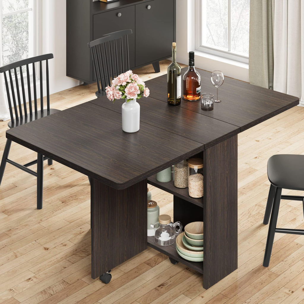 IDEALHOUSE FoldingTable, Drop Leaf Dining Table with 6 Wheels and 2-Layer Storage Shelf, Space Saving Table for Small Spaces (Natural Wood, 50.1" D x 31.4" W x 29.5" H)