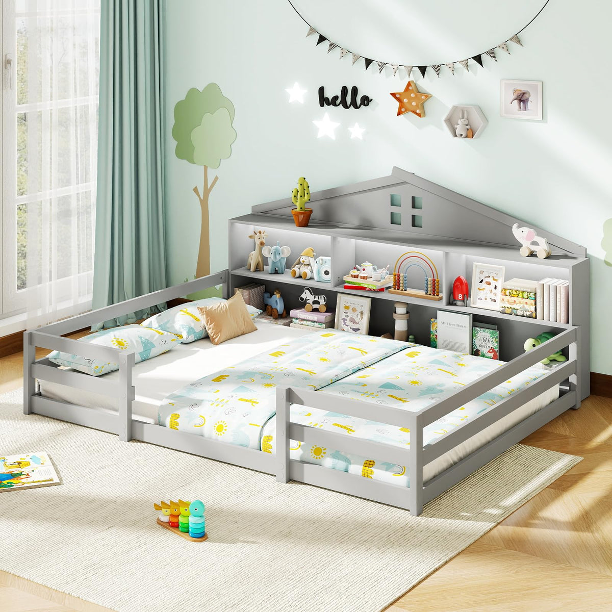 GIANTEX Full Size Floor Bed for Kids, Wooden Montessori Bed Frame with Bookcase, Storage Shelves & Safety Fence Rails, Floor Beds Full for Girls, Boys, No Box Spring Needed, Without Slats, White