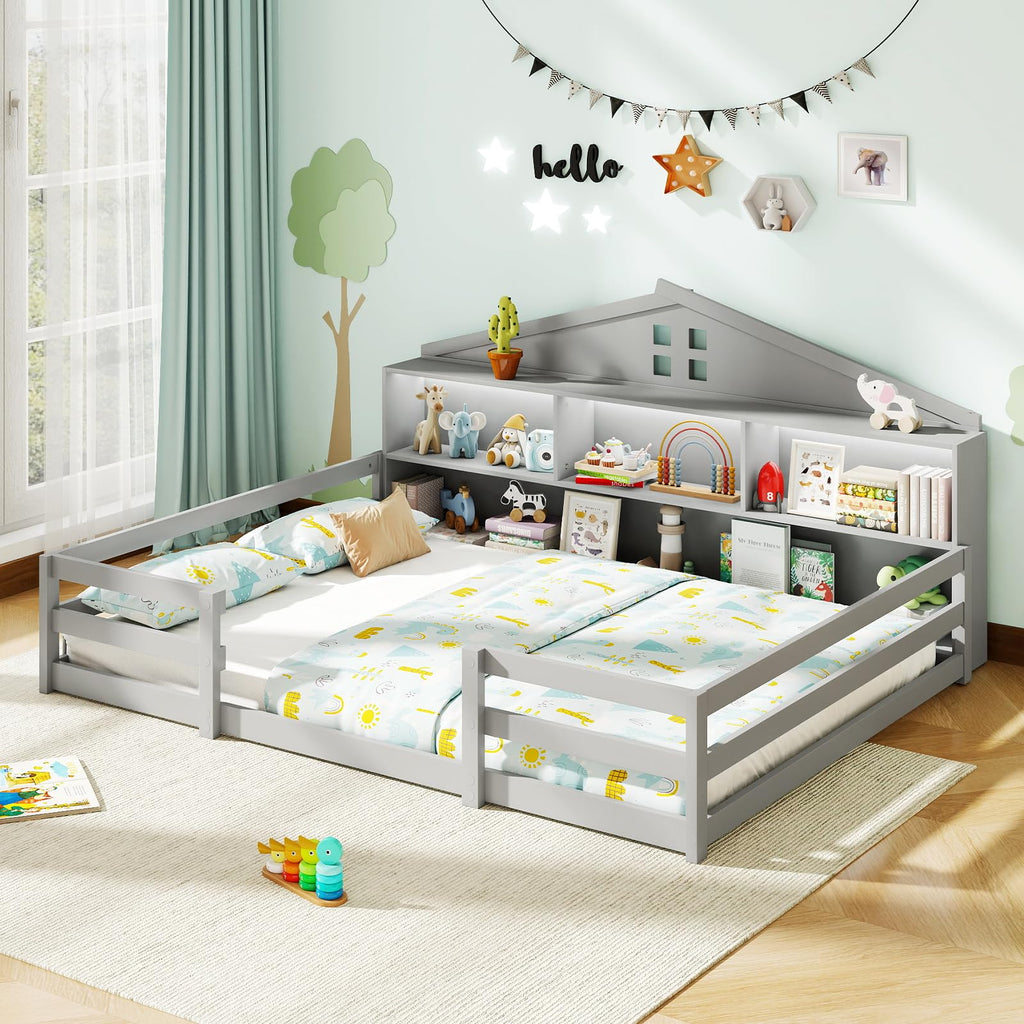GIANTEX Twin Floor Bed with Fence for Kids, Wooden Montessori Bed Frame with Lockable Door & Guardrails, Low Floor Beds for Kids, Boys, Girls, No Box Spring Needed, Without Wood Slats, White