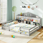 GIANTEX Twin Floor Bed with Fence for Kids, Wooden Montessori Bed Frame with Lockable Door & Guardrails, Low Floor Beds for Kids, Boys, Girls, No Box Spring Needed, Without Wood Slats, White