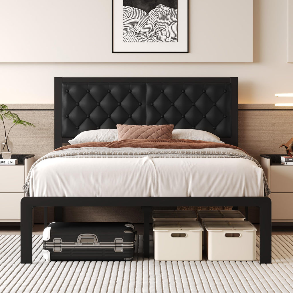 Fluest Queen Bed Frame with Headboard PU Leather Upholstered Bed Frame Platform,All Metal Slats Support Platform Bed Frame with Storage Space,Easy Assembly,Noise Free,No Box Spring Needed,Black
