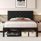 Fluest Queen Bed Frame with Headboard PU Leather Upholstered Bed Frame Platform,All Metal Slats Support Platform Bed Frame with Storage Space,Easy Assembly,Noise Free,No Box Spring Needed,Black