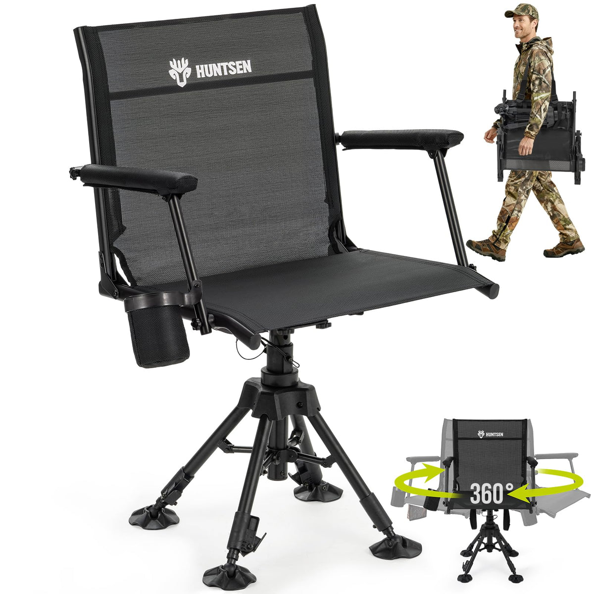HUNTSEN 360° Silent Swivel Hunting Chair for Blinds - Stable Portable Ground Blind Chair Adjustable 4 Legs & Seat Height Folding Outdoor Fishing Seat with Anti-Sink Feet Armrest - Supports 330lbs