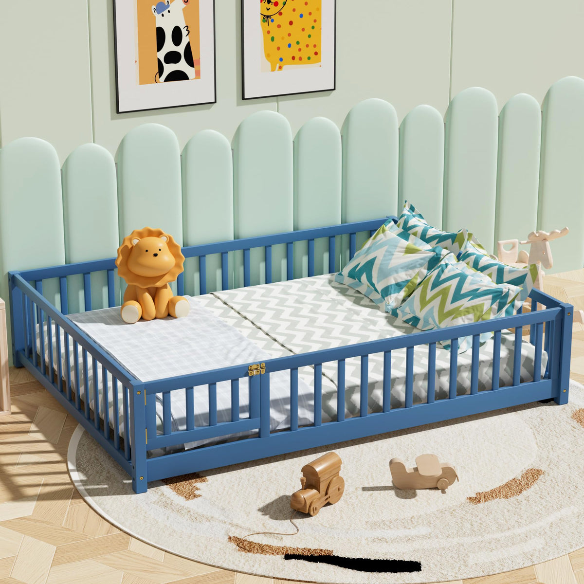 i-POOK Twin Floor Bed for Children, Sturdy Wood Montessori Bed Frame with Wood Slats, High Fence & Small Door, Montessori Floor Bed for Girls and Boys, White