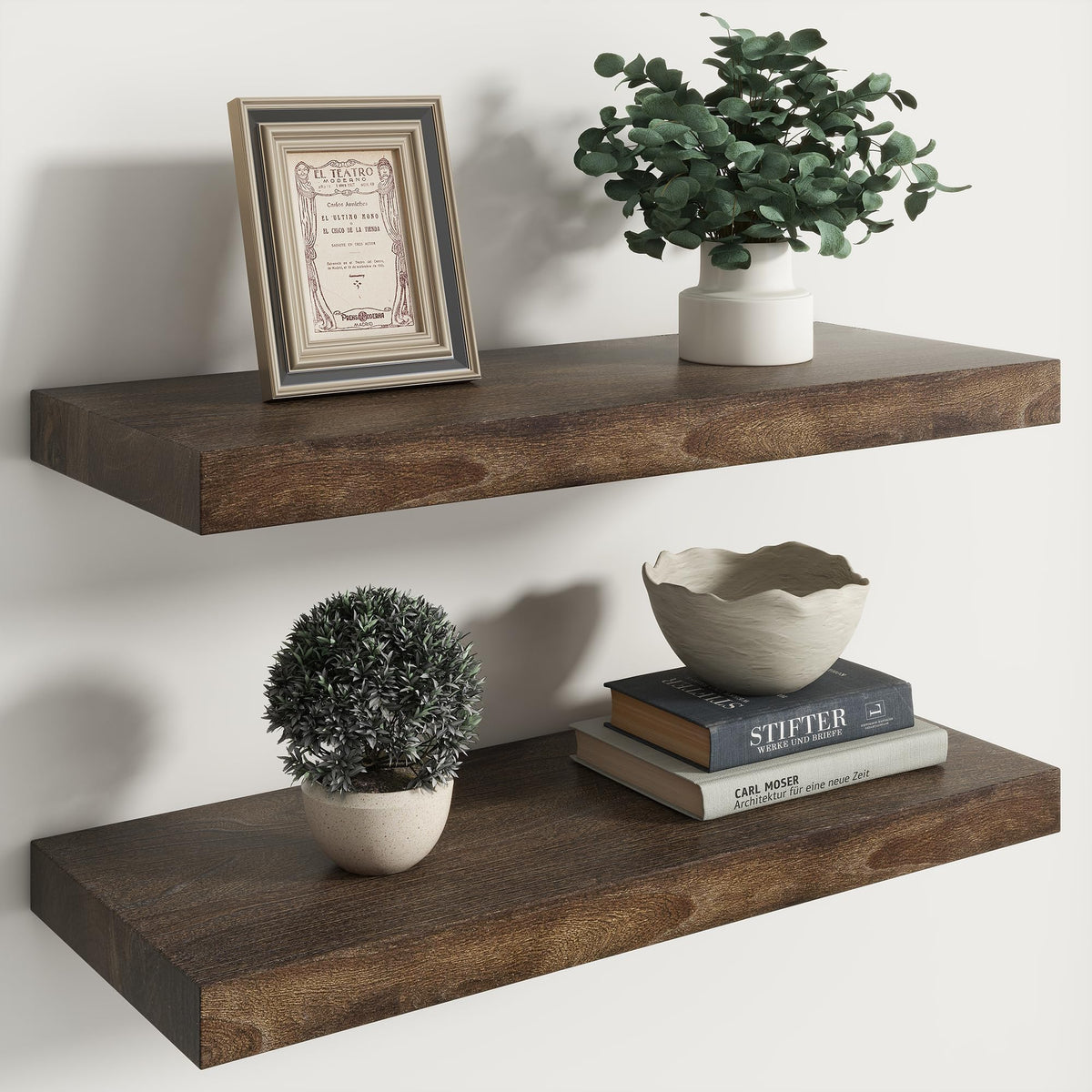 Live Edge Elm Floating Shelves - 24 In Rustic Solid Wood Shelves with Heavy-Duty Invisible Bracket, Wall-Mounted Wooden Shelf for Living Room, Bathroom, Kitchen Storage & Display, Set of 2, Natural