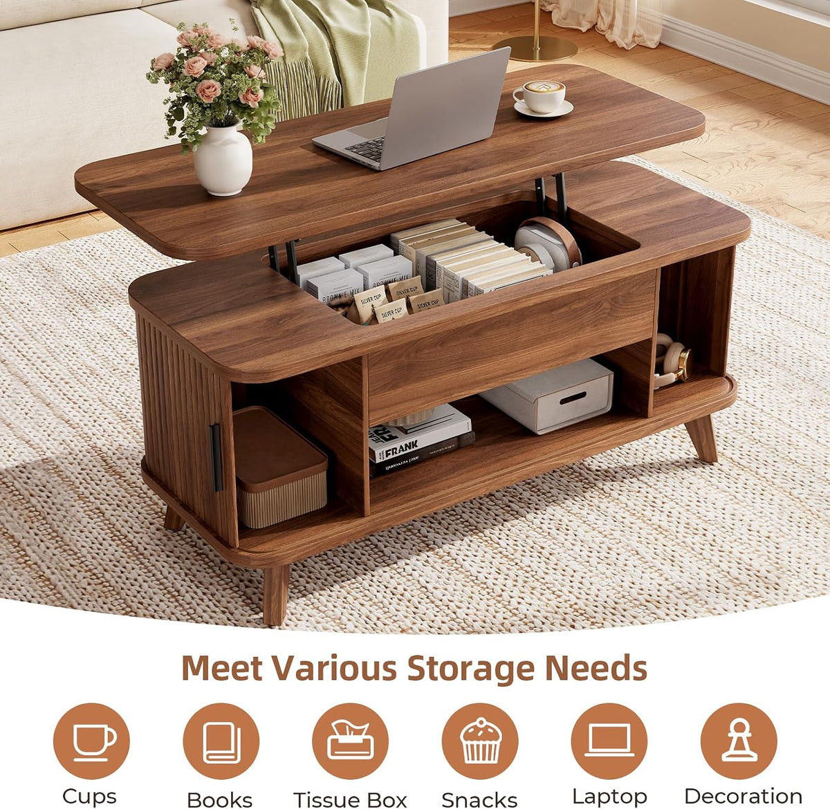 39.4" Mid Century Modern Lift Top Coffee Table, Wooden Fluted Coffee Table with Large Hidden Storage, 360° Curved Sliding Tambour Doors, for Living Room, Home Office, Apartment, Brown