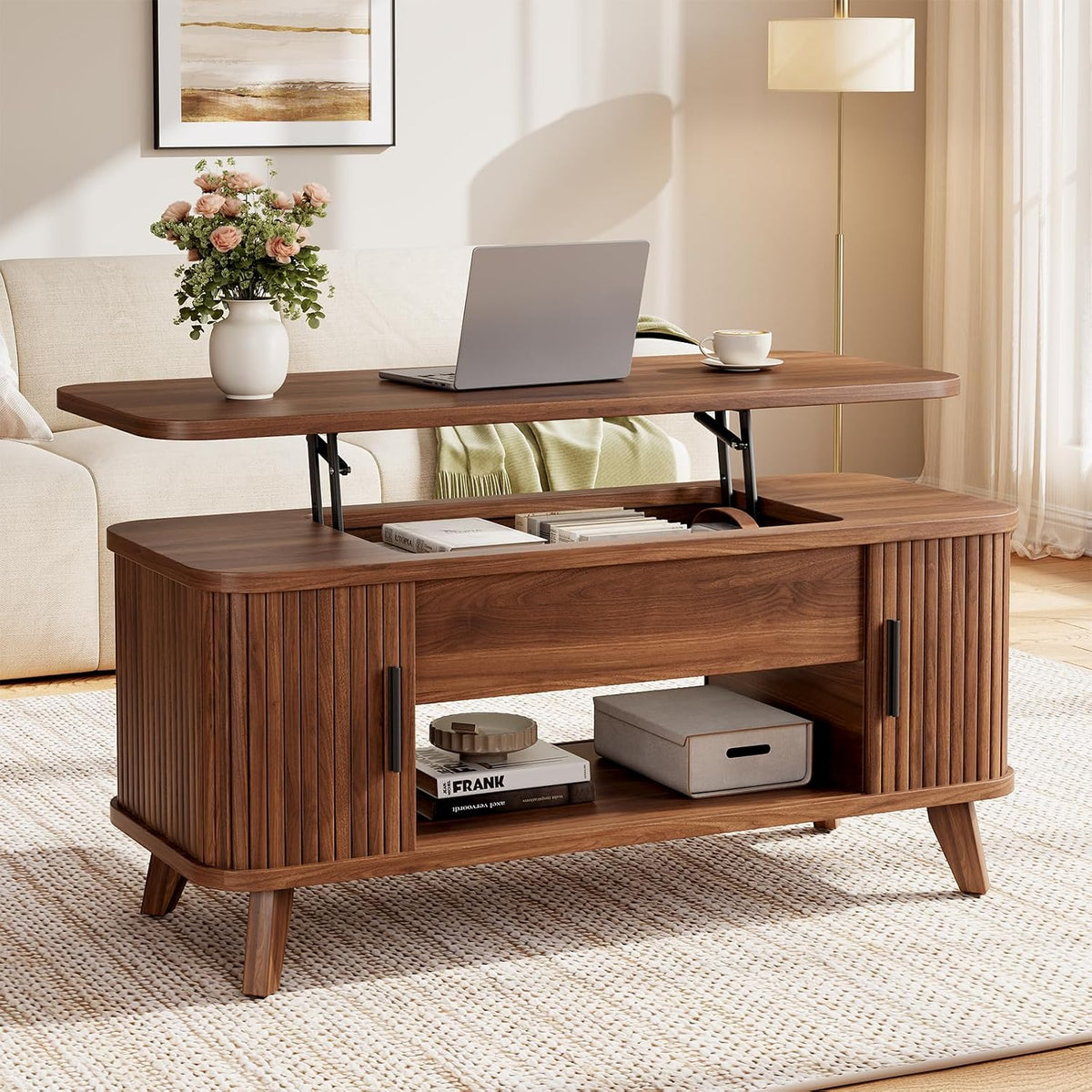 39.4" Mid Century Modern Lift Top Coffee Table, Wooden Fluted Coffee Table with Large Hidden Storage, 360° Curved Sliding Tambour Doors, for Living Room, Home Office, Apartment, Brown