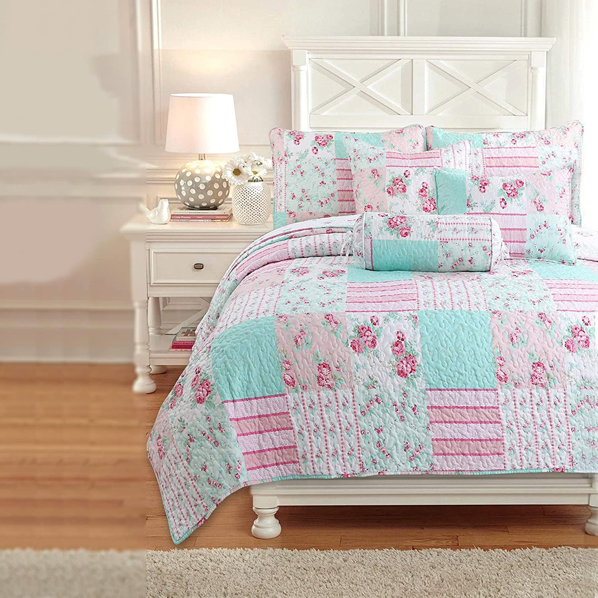 Cozy Line Home Fashions Turquoise Blue Coral Floral Leaf Reversible Quilt Bedding Set, Coverlet Bedspread Lightweight for All Seasons (Mirage Paisley, King - 6 Piece)