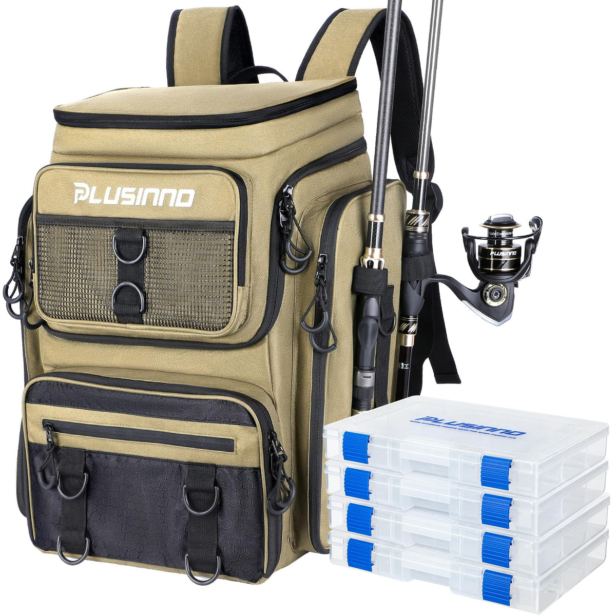 PLUSINNO Fishing Backpack with Fishing Net,42L Waterproof tackle Backpack with Tackle Boxes,Fishing Gear,Lures,Tools,Pliers & Accessories, Fishing Gifts for Men