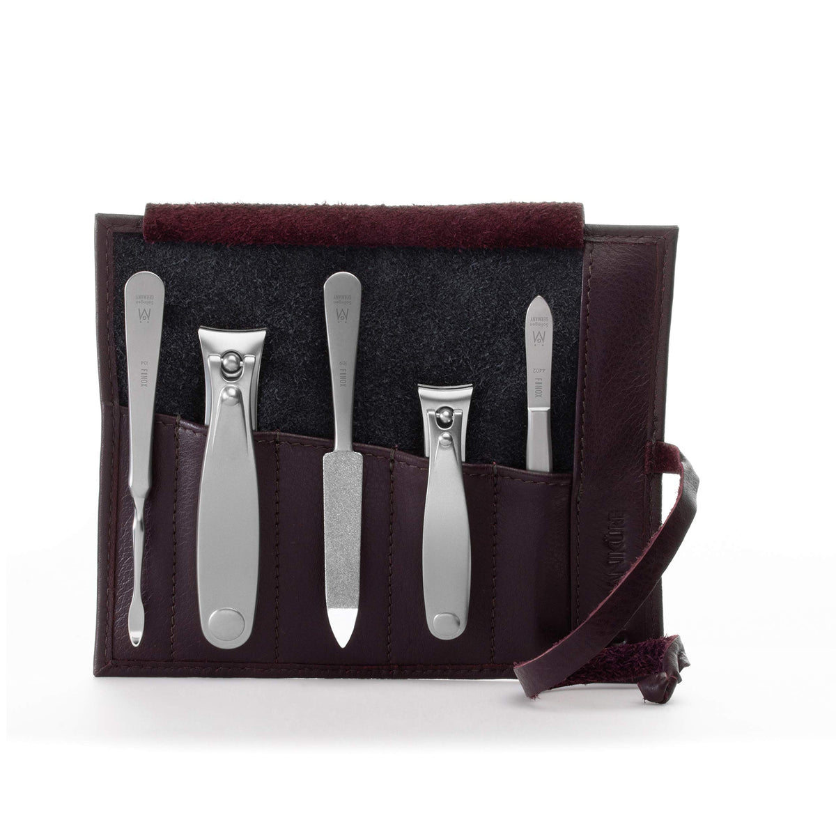 GERMANIKURE 7pc Manicure & Pedicure Set, FINOX Steel, Purple Leather Roll