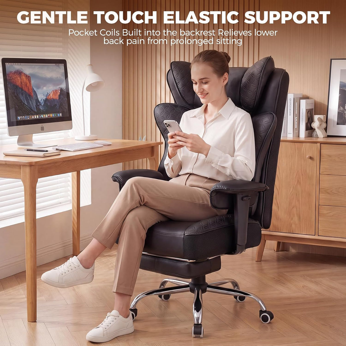 GTPLAYER Big and Tall Office Chair Wide Ergonomic Gaming Chair with Deluxe Embossing Designed Leather with Foot Rest,150°Reclining Adjustable Soft Armrests Pocket Spring Back Support and Pillow