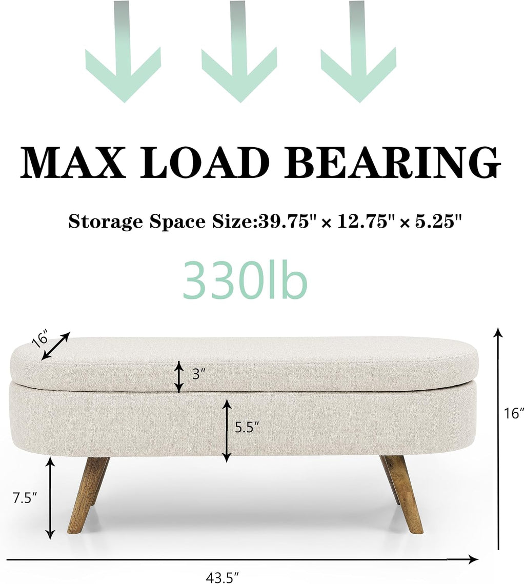 43.5" Ottoman with Storage, Storage Ottoman Bench with Safety Hinge, Bed End Bench, Upholstered Entryway Bench for Bedroom, Living Room & Window, Holds up to 330 lb, Beige