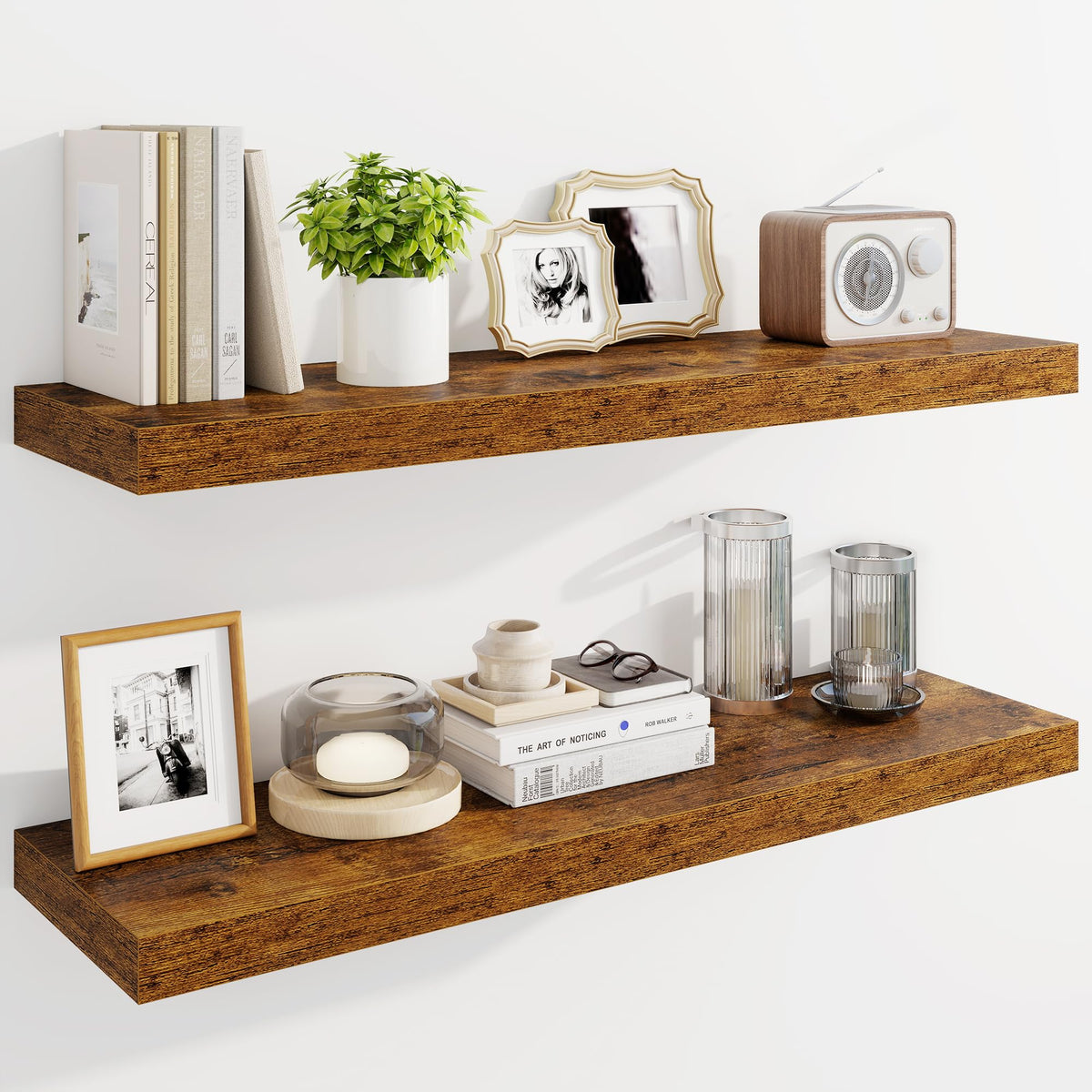 Marsmiles 55" Floating Shelves for Wall, Wooden Shelves with Invisible Brackets Set of 2, Rustic Farmhouse Wall Mounted Shelf for Kitchen Bathroom Living Room Study, White