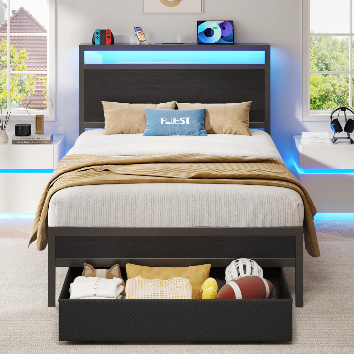 Fluest Twin Bed Frame,Twin Bed Frame with Storage Headboard & Storage Drawer, Charging Station & LED Light, No Box Spring Needed, Noise Free, Easy Assembly, Classic Black
