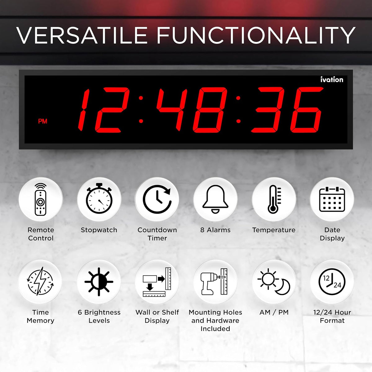 Ivation Oversized Digital Wall Clock with Large LED Display & Timer, 36"