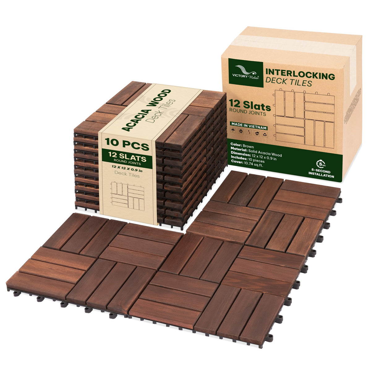 VICTORY RELAX Natural Acacia 12x12 Interlocking Wood Deck Tiles for Balcony, Garden, Patio, Poolside Decor - Waterproof Indoor & Outdoor Flooring - 12 Slats, Round Joints, Pack of 27, Natural Color