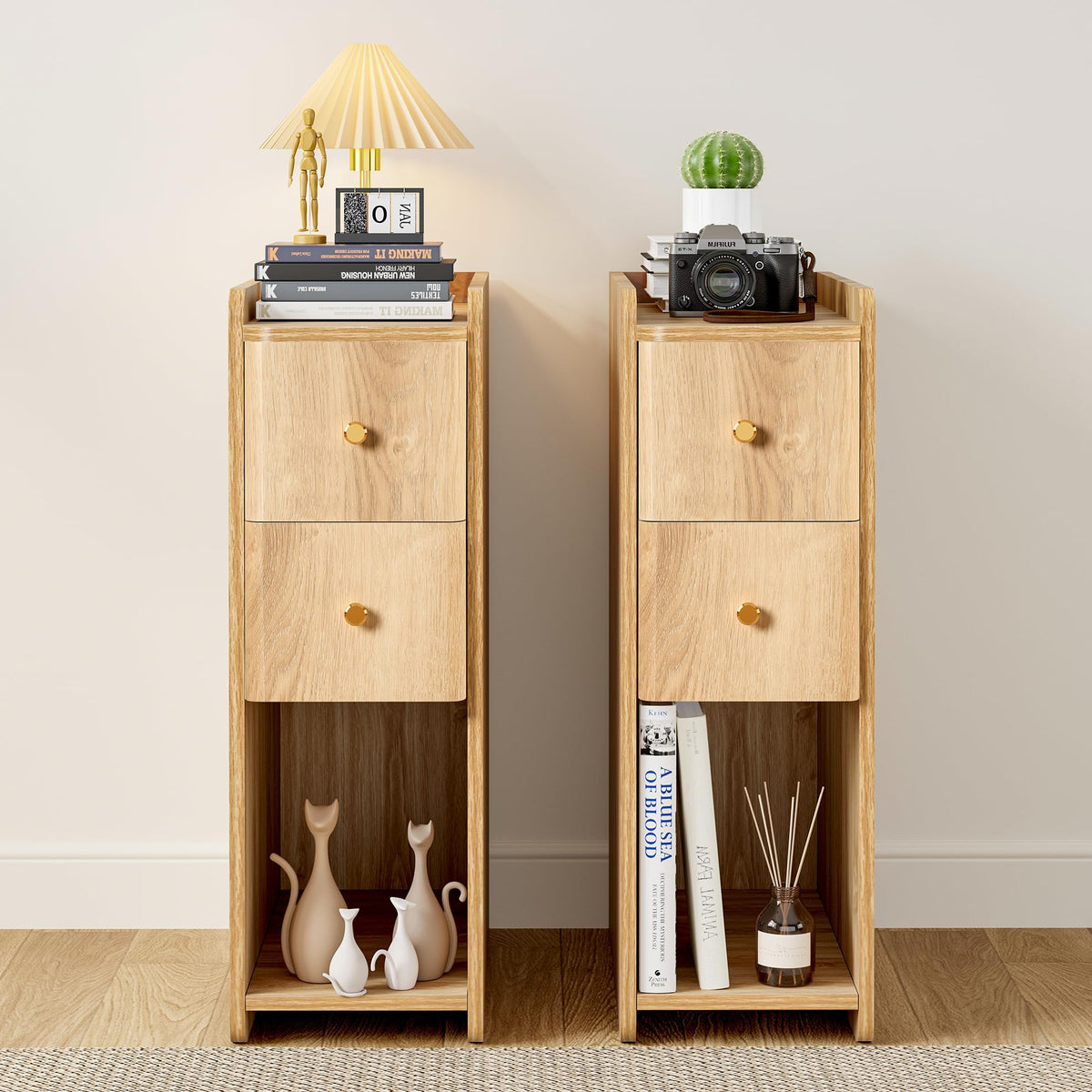 Narrow Nightstand Set of 2, Wooden Small 2 Drawer Nightstand, Slim Side End Table, Skinny Bedside Table, Mid Century Modern Night Stand with Drawers for Bedroom (Walnut-2 pcs)