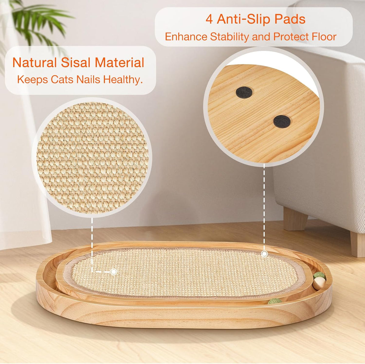 Oval Sisal Cat Scratcher with Ball Track - Woven Sisal Scratching Pad & Interactive Cat Toy, Wooden Track with 3 Toy Balls for Indoor Cats, No Assembly Needed