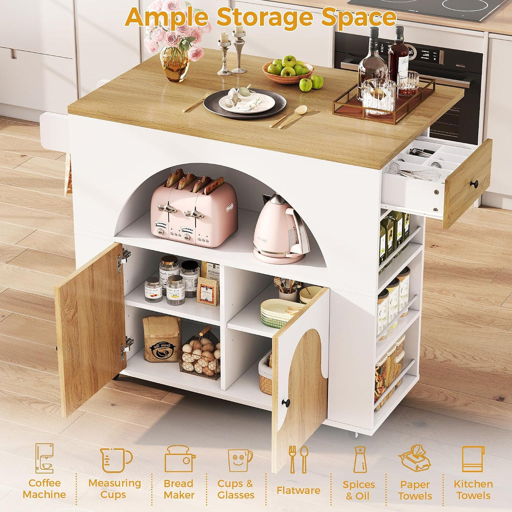 IRONCK 41.3" Kitchen Island with Drop Leaf &Open Shelf, White & Natural