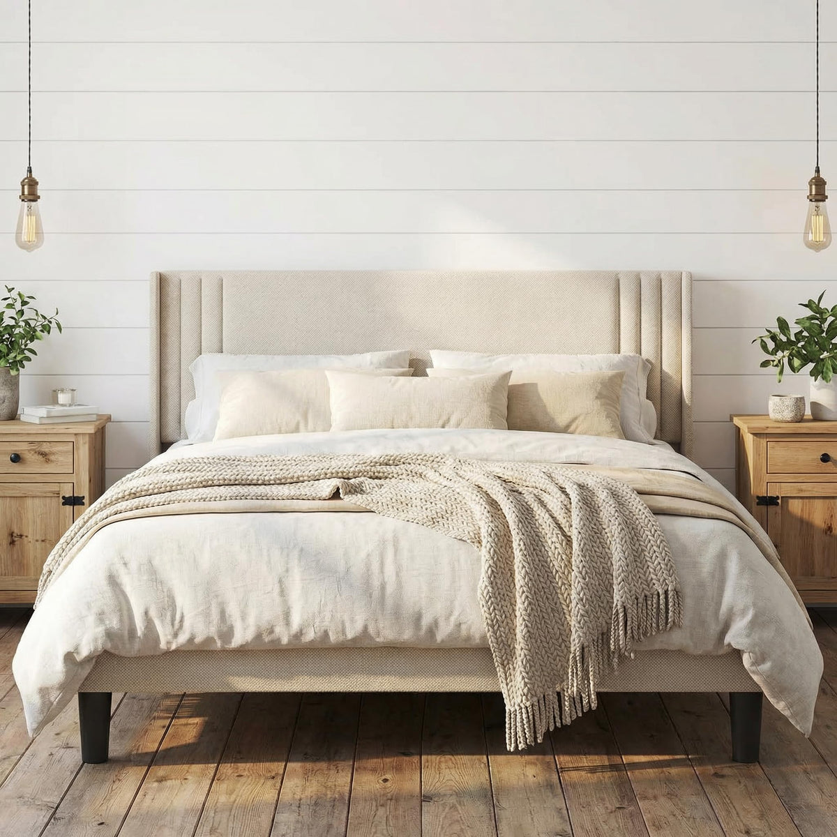 Gizoon Queen Bed Frame with Wingback Headboard, Upholstered Platform Bed