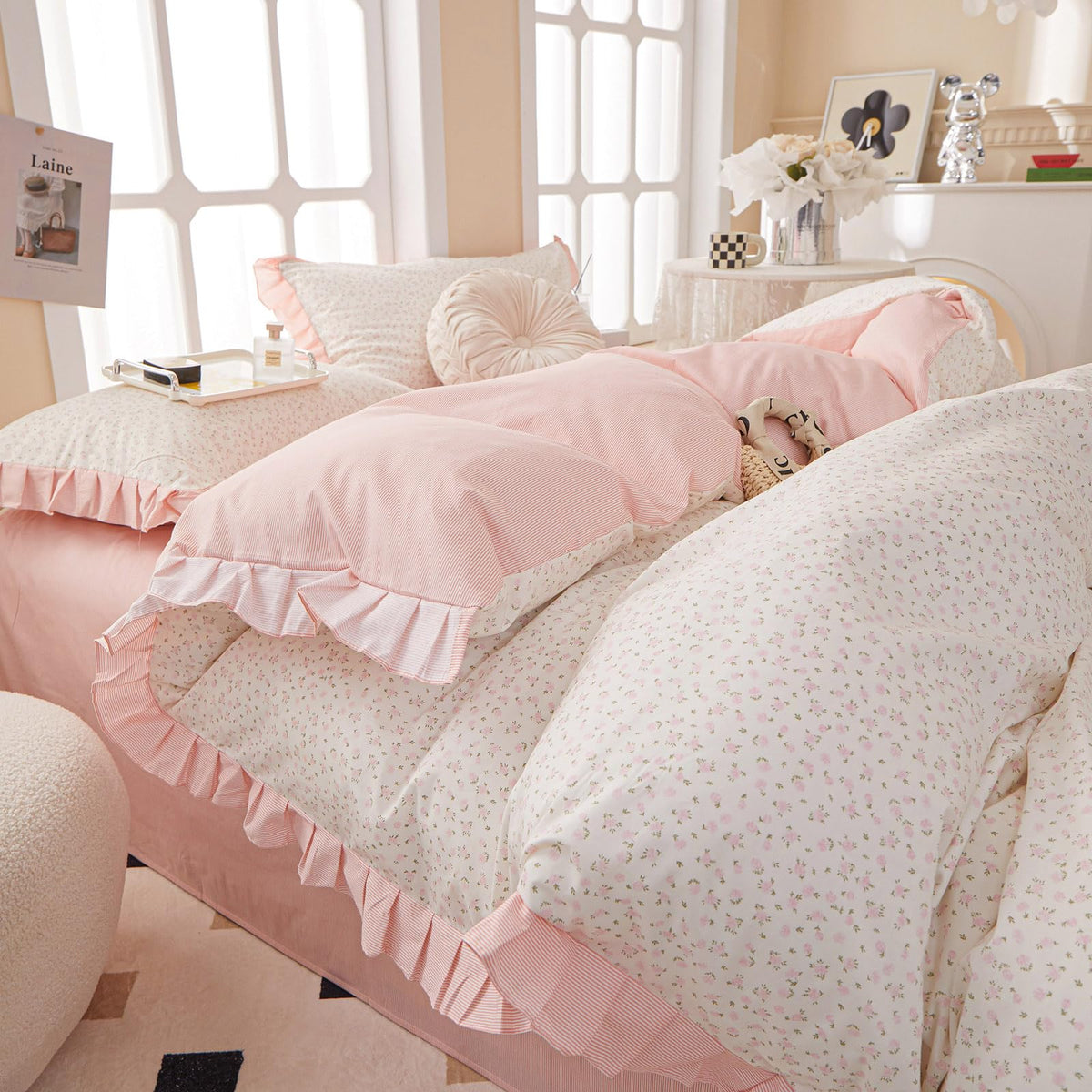 Floral Duvet Cover Set Muslin Cotton Queen(90"x90"),Pink Flower