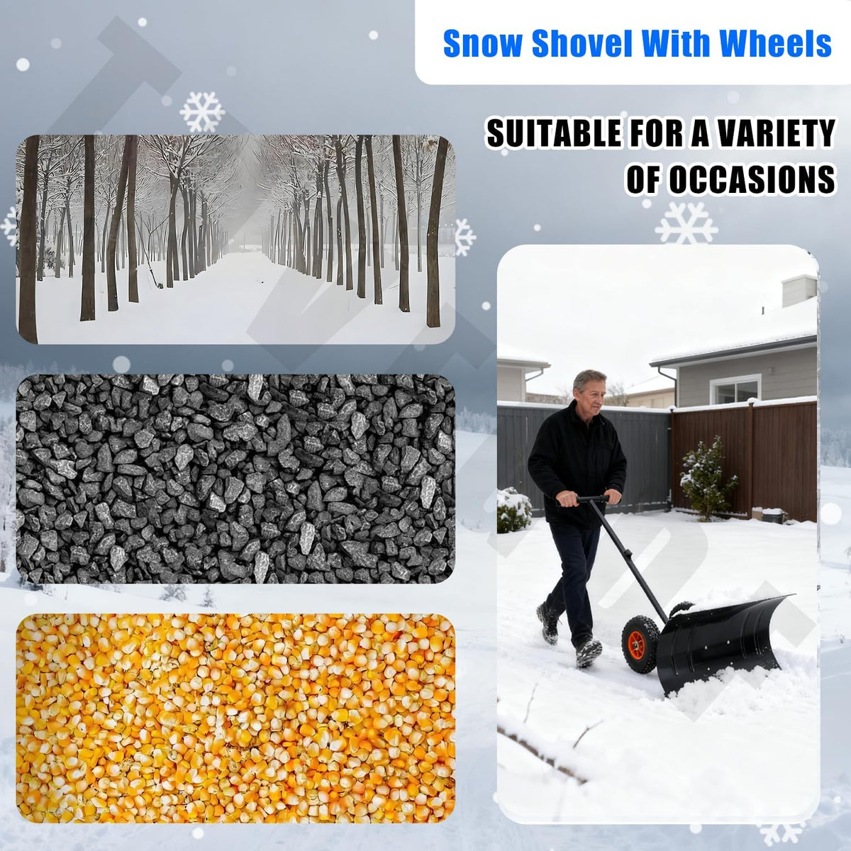 Snow Pusher with Wheels, 29" Wide Snow Shovel for Driveway, 5-Position Angle & Height Handle Ergonomic Design for Back-Save Effort Snow Removal (Single Rod-W 29'')