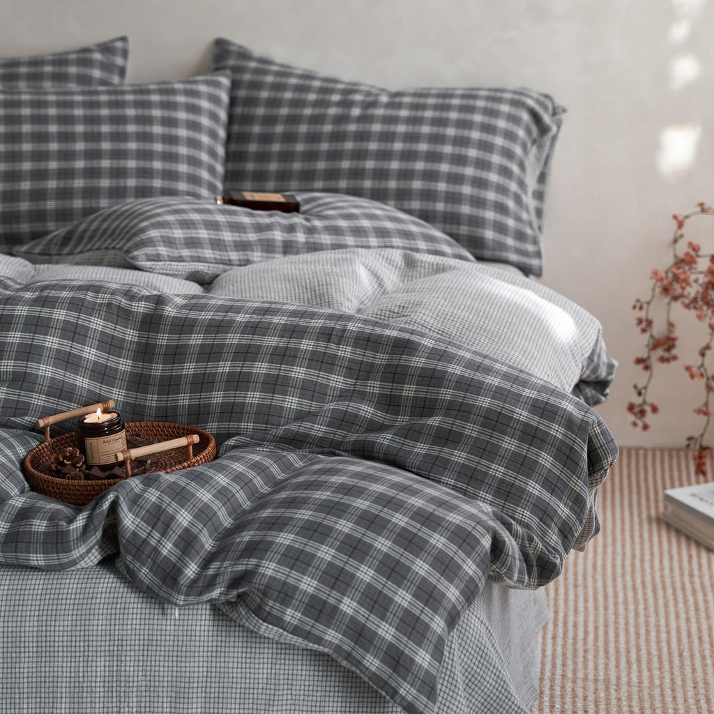 EAVD Vintage Buffalo Plaid Duvet Cover Queen Red&Black&Green Muslin Cotton