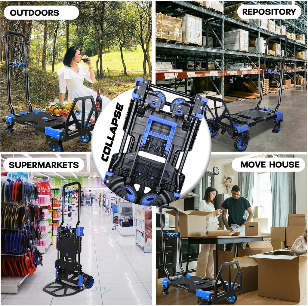 Folding Hand Truck, 2 in 1 Portable Heavy Duty Carrying Moving Dolly Cart with 4 Foldable Wheels and Retractable Handle Duty 330lbs (Blue)