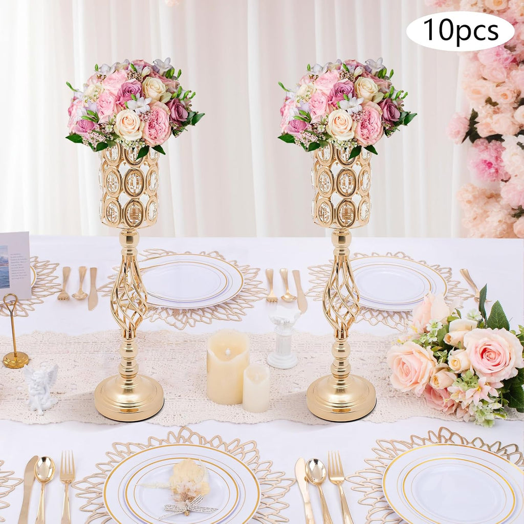 Wedding Centerpieces Gold Vases,10PCS Metal Flower Candle Holder,Wedding Vase for Tables,Crystal Flower Vase Metal Flowers Stand for Party Tables Decorations