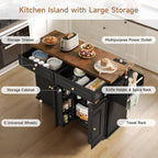 ONBRILL 58" Kitchen Island with Power Outlet, Rolling Kitchen Cart, Black