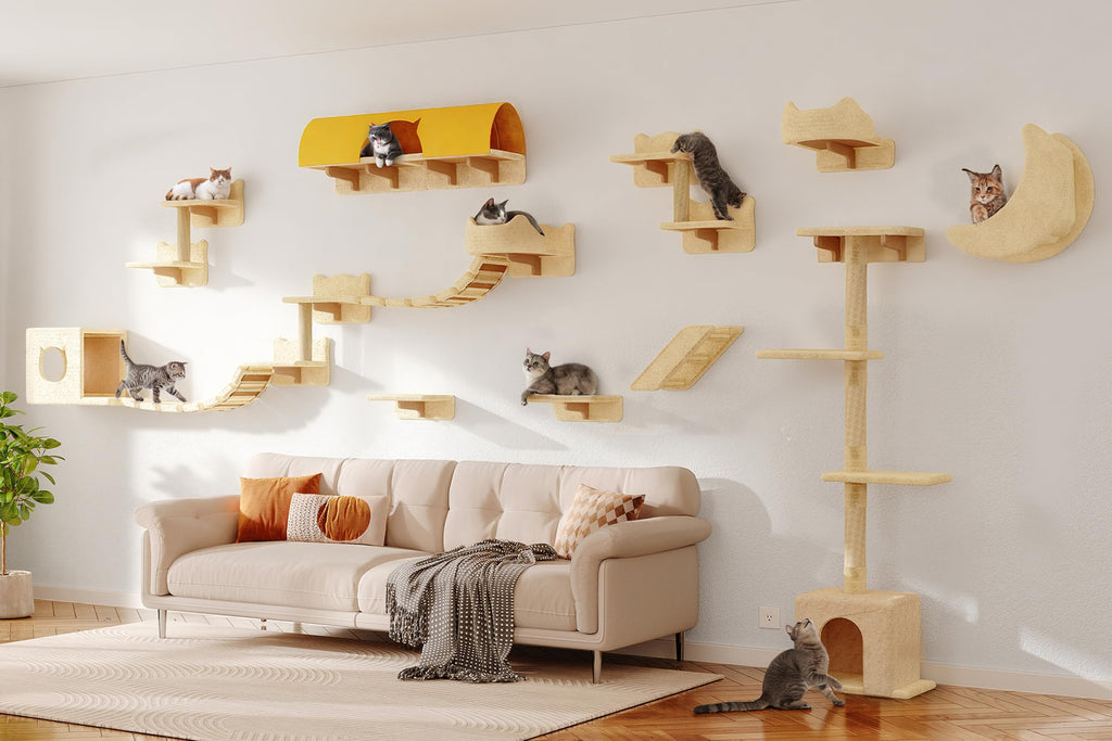 13-in-1 Cat Wall Shelves, Moon & Bridge Cat Wall Furniture, Beige
