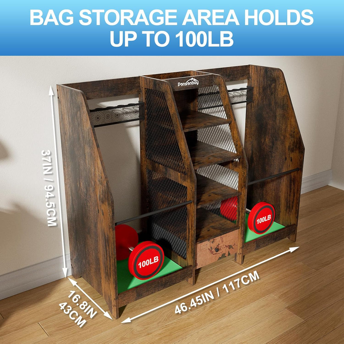 Golf Bag Storage Organizer Holds 2 Golf Bags for Garage - Wooden Rack
